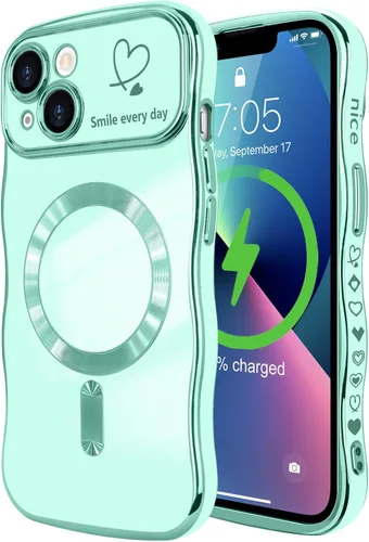 Vista 25 de LCHULLE - Funda magnética para iPhone 13 para mujeres y niñas, con forma ondulada, color azul bebé [Compatible with MagSafe] Cute Curly Wave, Love