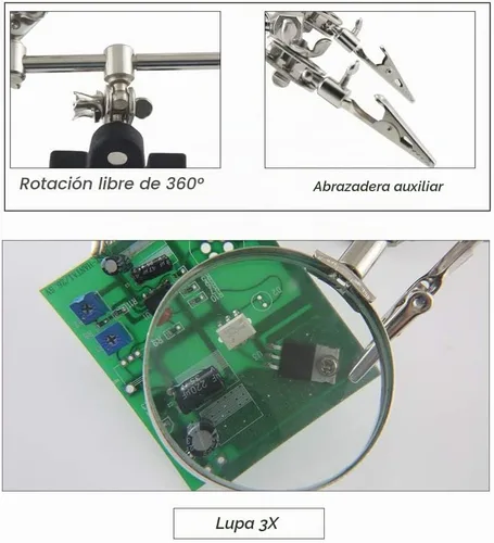 Vista 5 de Soporte de lupa de manos de ayuda con clips de cocodrilo dobles ajustables – Lupa FEITA 5X perfecta para soldar, manualidades, pasatiempos, micro