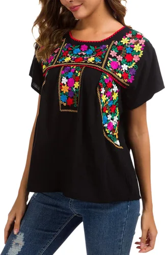 Vista 3 de YZXDORWJ - Cómoda blusa mexicana bordada de verano y sin mangas para mujer