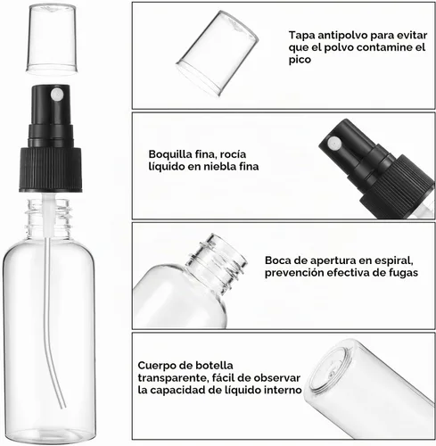 Vista 3 de Roshtia Mini botellas de spray de plástico de 2 onzas con tapa negra, Negro