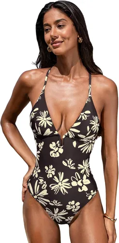 Vista 16 de CUPSHE Traje de baño de una pieza para mujer, cuello en V profundo, espalda entrecruzada con tirantes delgados ajustables Beige/Negro Wave