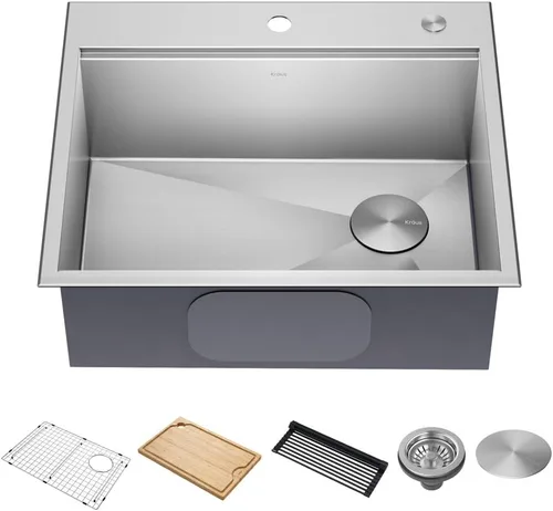 Vista 16 de KRAUS Kore KWT321-15 - Fregadero de cocina o bar con estación de trabajo, 15 pulgadas, montaje directo, cuenco individual, de acero inoxidable