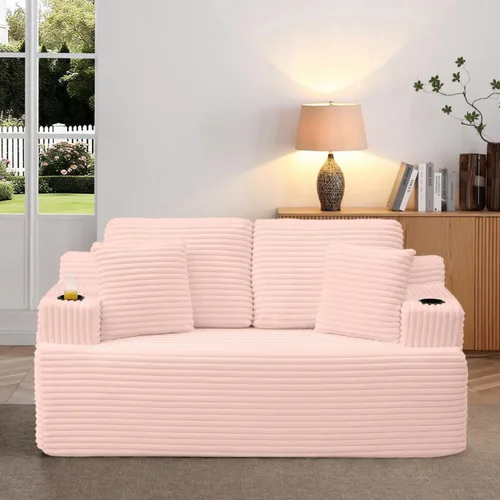 Vista 50 de Sofá sin hueso de 66.5 pulgadas con portavasos y bolsillos laterales, sofá biplaza tapizado de tela de pana moderna con 2 almohadas para sala