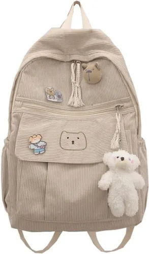 Vista 5 de YUESUO Mochila grande de pana Kawaii con bonito colgante de oso vintage para niña, estudiante, mochila escolar, Beige, Classic