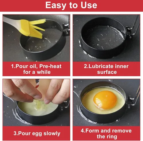 Vista 5 de 4 Pack Egg Rings for Frying Eggs with Foldable Handle, Stainless Steel Square & Round Egg Shaper, Eggs Mcmuffin Ring Mold for Camping Pancake