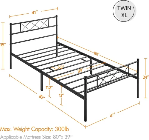 Vista 2 de Topeakmart Base de cama de metal negro con cabecero, base de colchón, cama de plataforma, base de cama con listones, tamaño individual XL