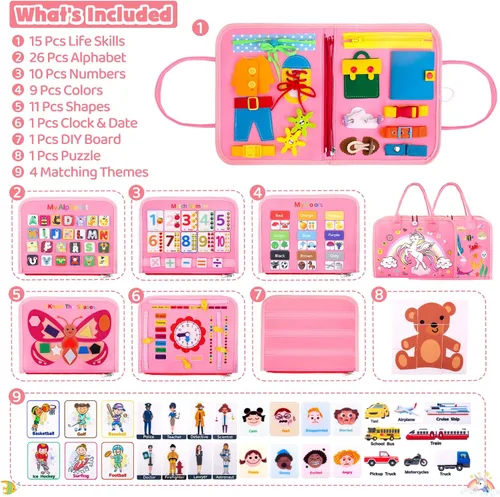 Vista 9 de HONGDDY Juguetes Montessori para niños pequeños, juguete de mesa sensorial para aprender habilidades motoras finas, libros silenciosos, juguetes