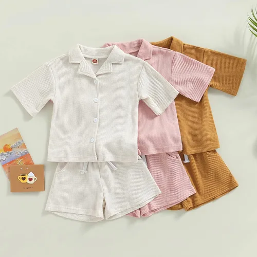 Vista 2 de Mubineo Pantalones cortos básicos de verano para bebés y niñas pequeñas, camisa con botones, ropa