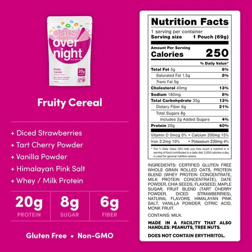 Vista 2 de Oats Overnight Fruity Cereal - Avena durante la noche con 0.71 onzas de proteína, batido de proteína de desayuno alto en fibra, avena sin gluten