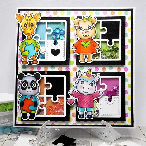 Vista 3 de Rompecabezas de metal troquelados con forma de corazón, plantillas de marco de rompecabezas cuadradas, manualidades, tarjetas, troqueles de corte