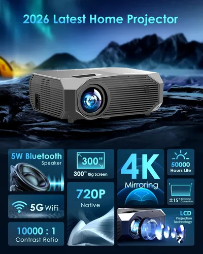 Vista 2 de Proyector con WiFi y Bluetooth, proyector de película portátil para exteriores Native 1080P, zoom del 50% al 100%, pantalla de 400 pulgadas