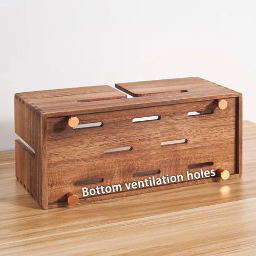 Vista 4 de SARUFO Caja de organización de cables de madera de acacia, organizador de cables de madera con 4 pies de metal, organizador para escritorio y piso