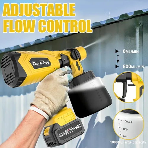 Vista 5 de Pulverizador de pintura inalámbrico de 4.0Ah con batería y cargador, pistola de pintura eléctrica de 800 W con 5 boquillas y 3 patrones