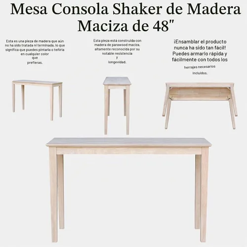 Vista 5 de International Concepts - Mesa consola Shaker, 48 pulgadas de largo, madera de parawood maciza, sin terminar