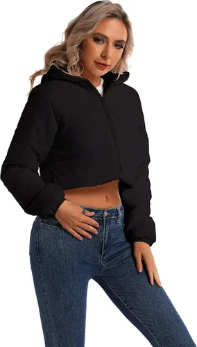 Vista 3 de Chaqueta acolchada recortada con capucha para mujer, de manga larga, ligera, para exteriores