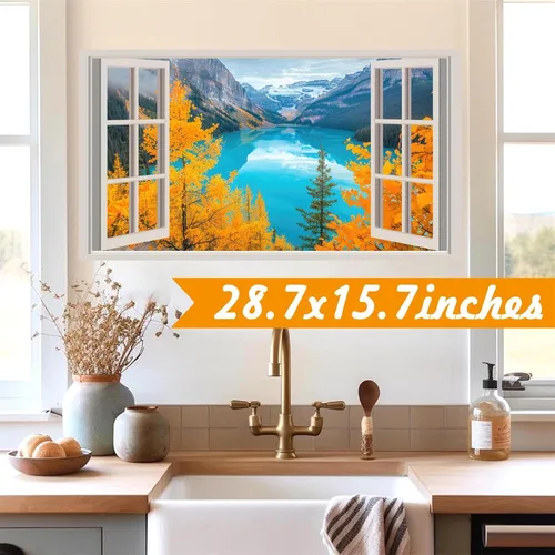 Vista 6 de Calcomanías de pared 3D de naturaleza falsa para ventanas, bosque de otoño, árbol, murales de pared, calcomanías para despegar y pegar, calcomanías
