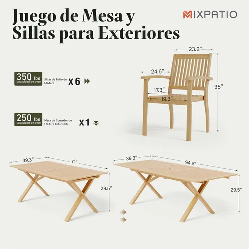 Vista 6 de MIXPATIO - Juego de comedor de madera de acacia para 6 con mesa extensible y 6 sillas