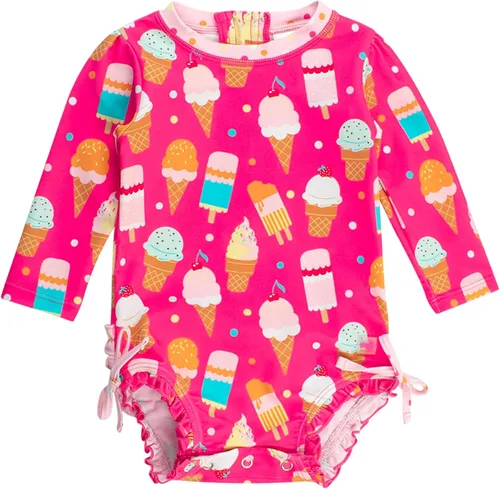 Vista 48 de RuffleButts - Traje de baño de una pieza con protección solar UPF 50+, camiseta de protección floral estampado, manga larga, con cierre zipper