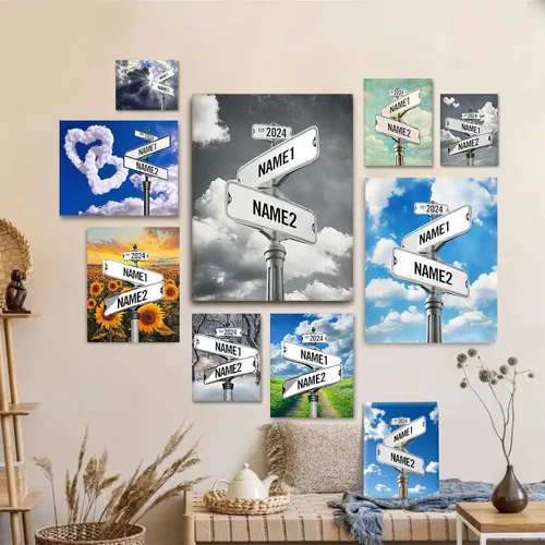 Vista 7 de Lienzo de letrero de calle vintage personalizado para parejas, nombre y fecha personalizados con tema de nube en blanco y negro, regalo de boda