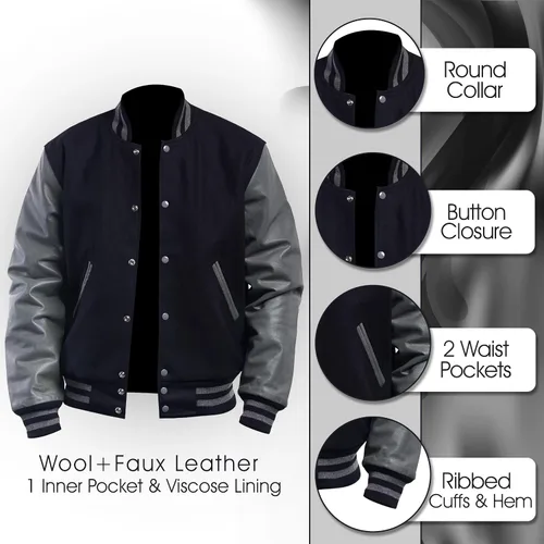 Vista 2 de LP-FACON Chaqueta unisex para mujer y hombre, de lana estilo bombardero de béisbol universitario + chaqueta de piel sintética