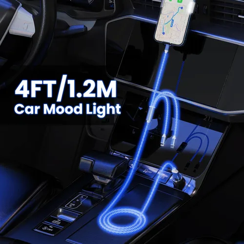 Vista 4 de Cable de carga con luz LED que fluye 3 en 1 Lightning/Type C/Micro USB brillante para automóvil para iPhone, cable de carga para automóvil azul