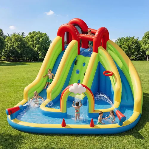 Vista 10 de Tobogán acuático inflable para patio trasero de niños con soplador de 450 W, castillo de salto con tobogán de agua, parque acuático para actividades