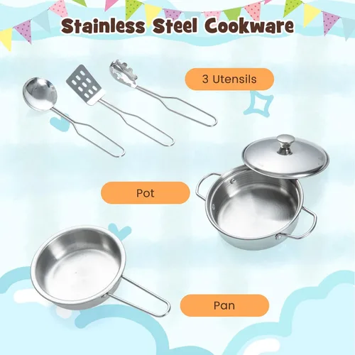 Vista 6 de HONEY JOY Juego de cocina para niños, cocina de madera para niños pequeños, utensilios de cocina, teléfono, reloj, dispensador de agua, gabinete