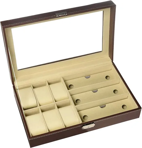 Vista 11 de AUTOARK AW-004 - Caja de cuero para 6 relojes y 3 lentes y gafas de sol con organizador de joyas, cajas de almacenamiento para hombre y mujer, tapa