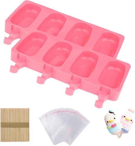 Vista 7 de Juego de 2 moldes de silicona para helado con 50 palitos de madera y 50 bolsas para paletas de bricolaje (azul + rojo)