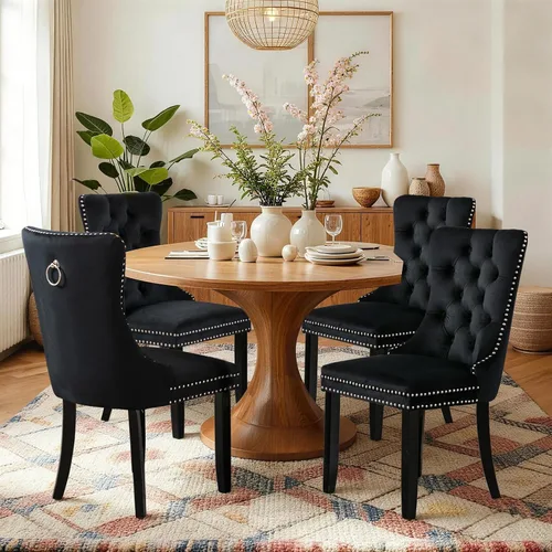 Vista 149 de SoarFlash Juego de 2 sillas de comedor de terciopelo, silla lateral de respaldo alto, silla lateral moderna tapizada de alta gama con botones Beige
