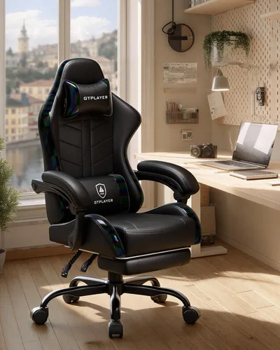 Vista 9 de GTPLAYER - Silla de juegos con reposapiés, silla de juegos de computadora para adultos, silla de jugadores de altura ajustable con reclinación
