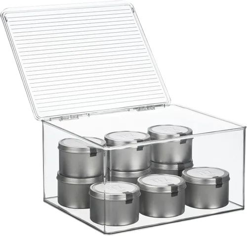 Vista 8 de mDesign Caja apilable de plástico con tapa con bisagras para cocina, despensa, armario, nevera/congelador, caja organizadora ancha para aperitivos
