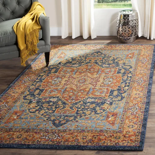 Vista 31 de SAFAVIEH Evoke Collection EVK275C Medallón oriental envejecido, no desprende pelusa, 2'2" x 4', color azul/naranja, alfombra de acento para sala