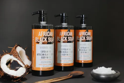 Vista 5 de Jabón negro africano exfoliante con coco y carbón, exfoliante, suavizante, estimulante, 32 onzas