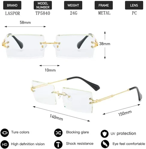Vista 5 de LASPOR Gafas de sol ovaladas retro para mujeres y hombres, a la moda, vintage, de metal dorado, sin marco, lentes tintados, protección UV400