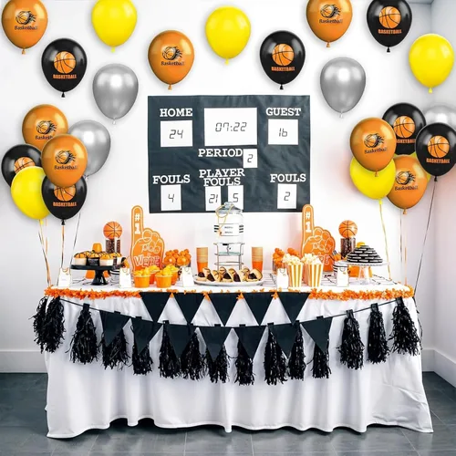 Vista 4 de Globos de baloncesto, 30 globos de látex impresos de 12 pulgadas, naranja, negro, plateado metálico y baloncesto para fiestas temáticas deportivas
