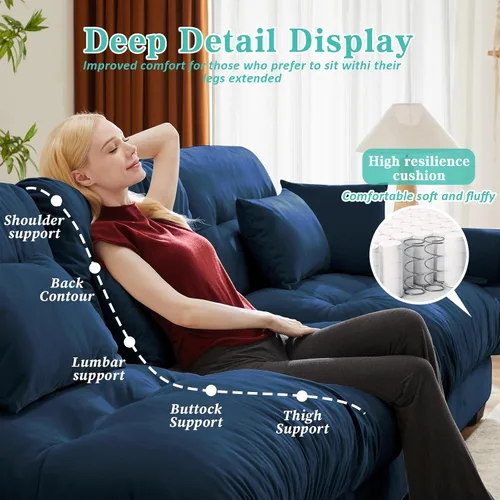 Vista 6 de SoarFlash Moderno sofá reclinable de terciopelo para sala de estar, sofá biplaza para apartamento, sofá de almacenamiento con marco de madera Azul