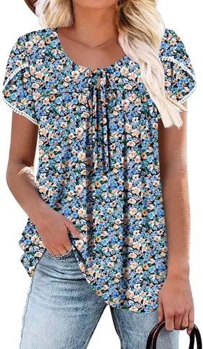 Vista 31 de BETTE BOUTIK Blusas de verano para mujer, plisadas, de manga corta, con cordón, cuello redondo, tallas S-3XL