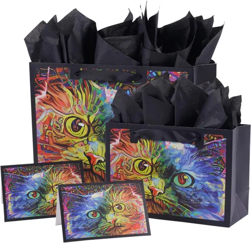 Vista 7 de ysmile Bolsa de regalo negra con bolsa de papel boutique con asa de gran tamaño para mujeres y hombres de 15.7 pulgadas - gato