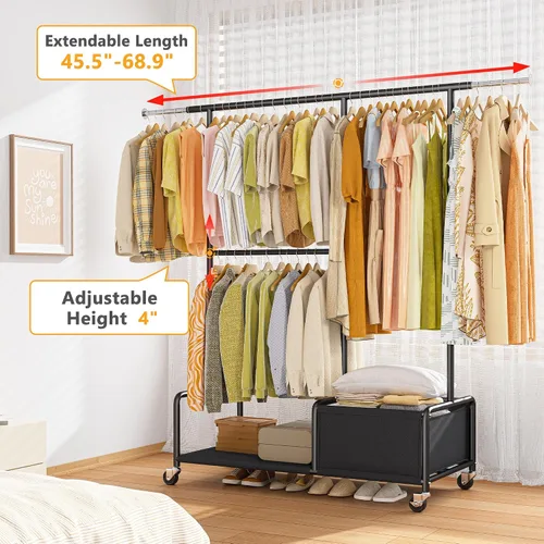 Vista 6 de Raybee Percheros para colgar ropa, perchero ajustable con ruedas bloqueables, estantes de almacenamiento, estante multifuncional para dormitorio