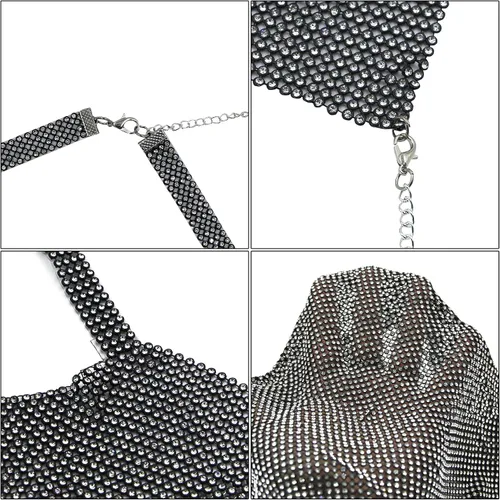 Vista 7 de RARITYUS Camiseta corta sexy con diamantes de imitación brillantes y sin espalda para mujer, cuello redondo, con cadena, camiseta sin mangas