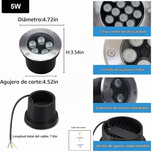 Vista 2 de Luces de suelo para exteriores de 5 W, voltaje de línea 110 V 120 V, iluminación impermeable de paisaje cableada, lámpara subterránea empotrada