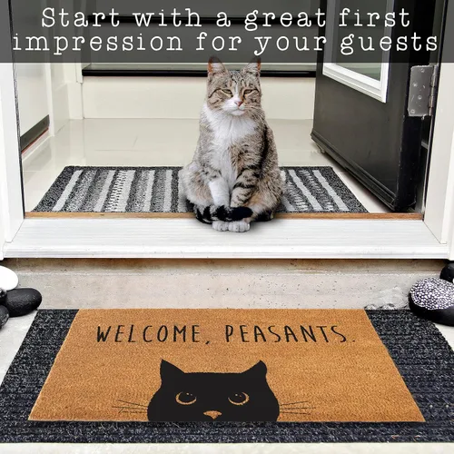 Vista 6 de Felpudo de bienvenida con diseño de campesinos y gatos de 30 x 17 pulgadas, divertido tapete de puerta de gato negro para áreas cubiertas, divertido