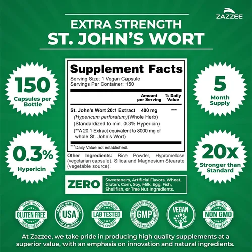 Vista 2 de Zazzee Extracto 20:1 de hierba de San Juan extra fuerte, 8000 mg de fuerza, 0.3% de hipericina, 150 cápsulas veganas, suministro de 5 meses