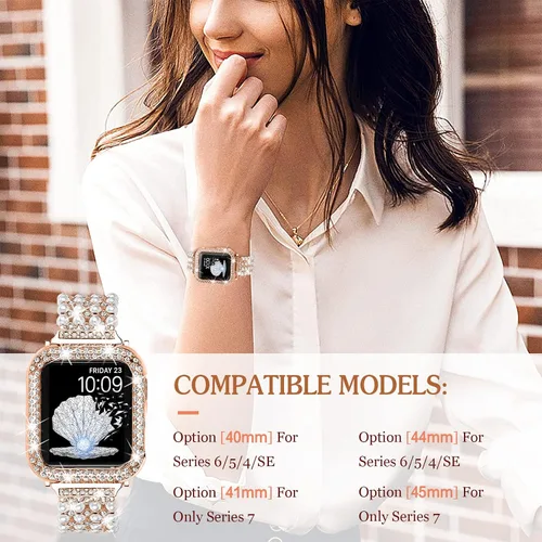 Vista 4 de Joyozy Pulsera de perlas brillantes de 1.772 pulgadas y funda compatible con Apple Watch series 9, 8, 7, para mujer, con diamantes brillantes