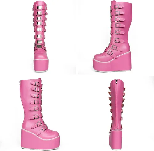 Vista 27 de Parisuit Botas góticas altas hasta la rodilla con hebilla de plataforma para mujer, tacón alto grueso, con cordones, botas de combate punk, con Negro