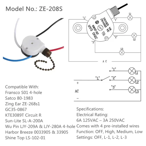 Vista 2 de Zing Ear ZE-208S E89885 - Interruptor de ventilador de 3 velocidades de 4 cables, interruptor de ventilador de techo, interruptor de control de 3