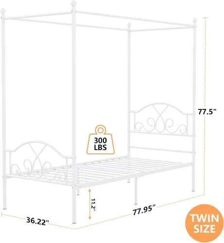 Vista 2 de Weehom - Estructura de cama con dosel individual, con cabecero y pie de cama, cortinas de cuatro postes de metal, diseño de plataforma de cama