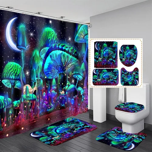Vista 11 de Juego de 4 cortinas de ducha con diseño de hongos e iluminación