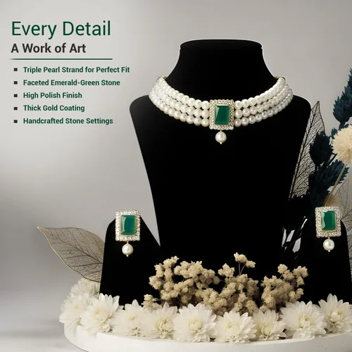 Vista 3 de I Jewels Gold Plated Stone Pearl Choker Necklace Jewelry Set of 2 with Stud Earrings for Women Indian Traditional Festive Wedding Bridal Bollywood